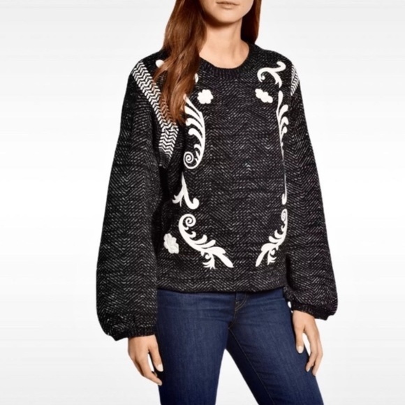Lucky Brand Twill Embroidered Oversized Boho Black  White Sweater Sz Small NWOT - Picture 1 of 15